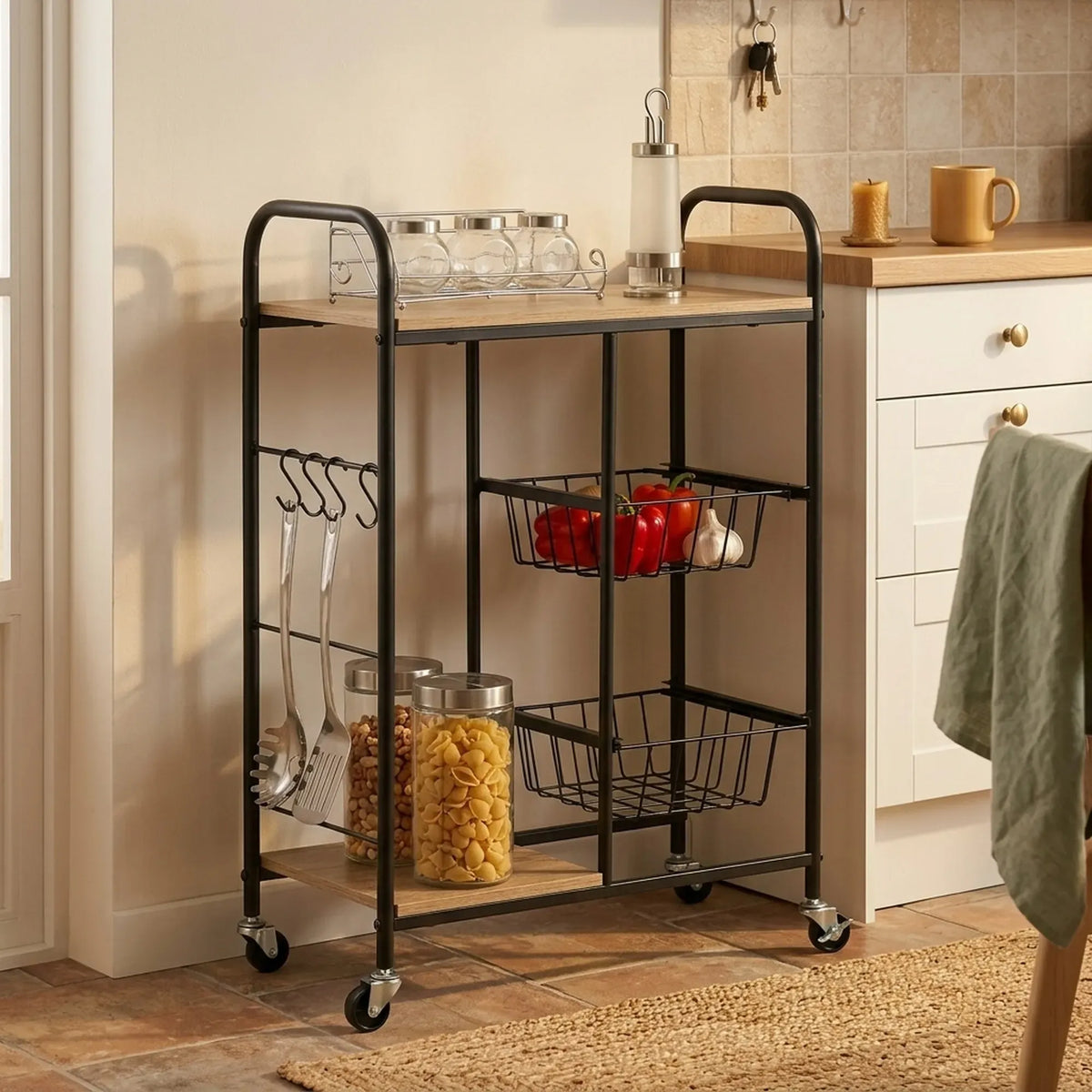 CARLA HOME Kitchen Trolley Cart with Wire Baskets - Brown - Rustic - Steel - Kitchen Rolling Cart