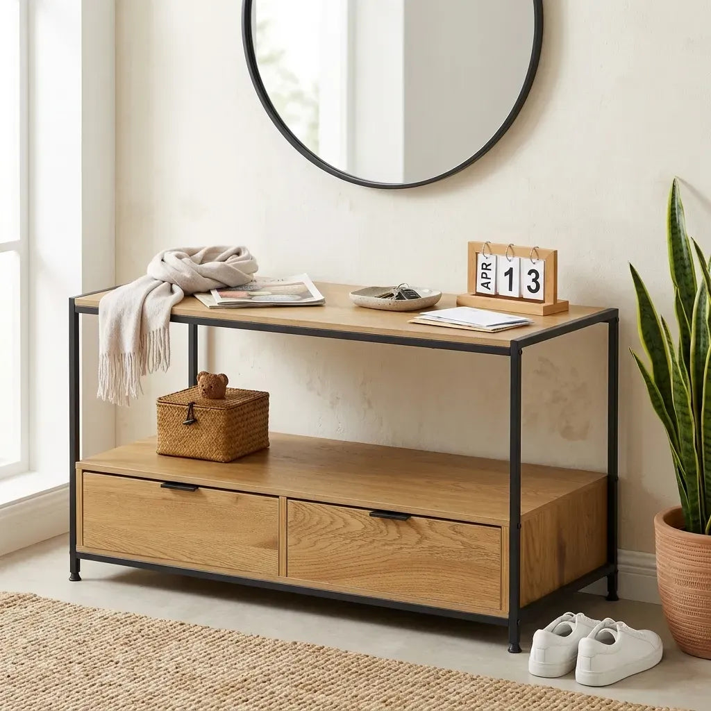 CARLA HOME Coffee Table with 2 Drawers - Open Shelf - Brown - Rustic - Steel - Living Room Bedroom