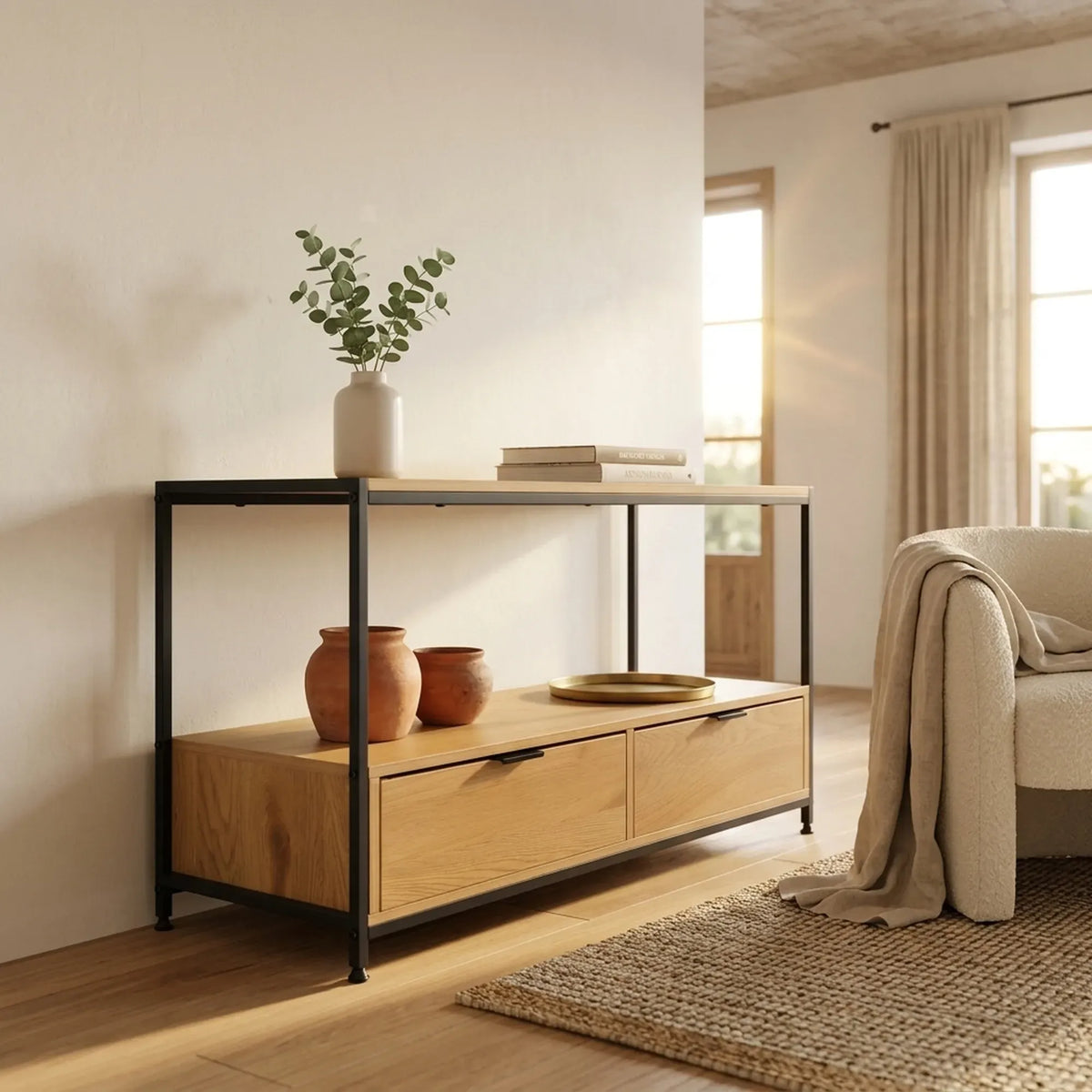 CARLA HOME Coffee Table with 2 Drawers - Open Shelf - Brown - Rustic - Steel - Living Room Bedroom