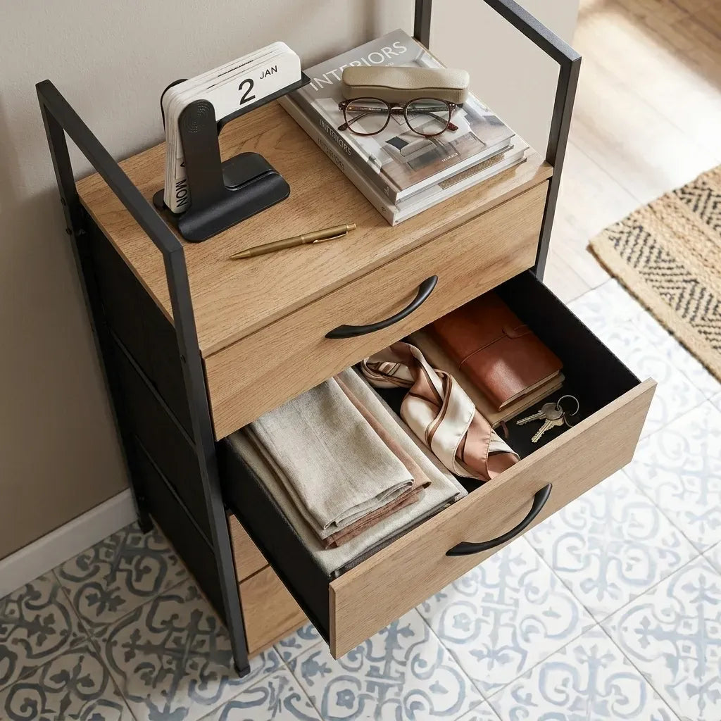 CARLA HOME 3 Drawer Tallboy Storage Cabinet - Brown - Rustic - Steel - Chest Drawers Tallboy