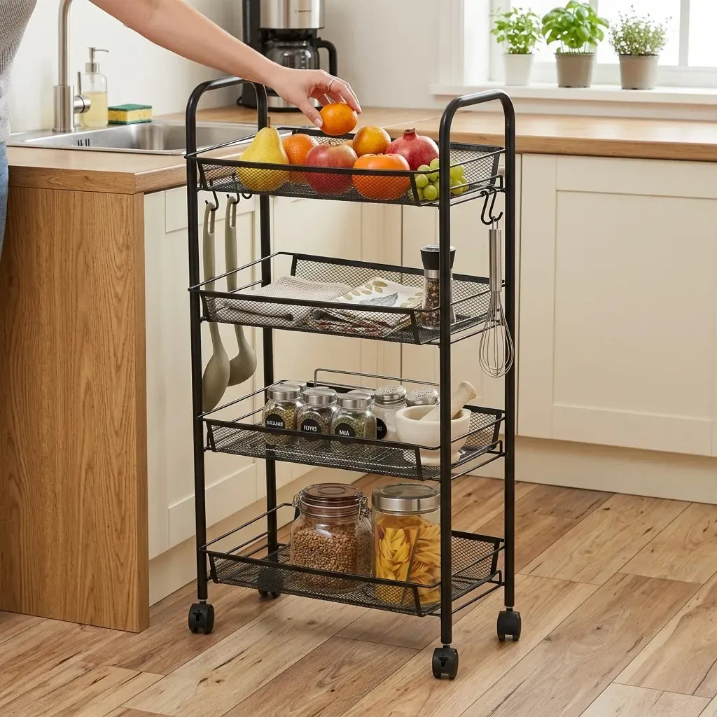 CARLA HOME 4 Tier Rolling Kitchen Trolley Cart - Metal Mesh - Black - Basic - Steel