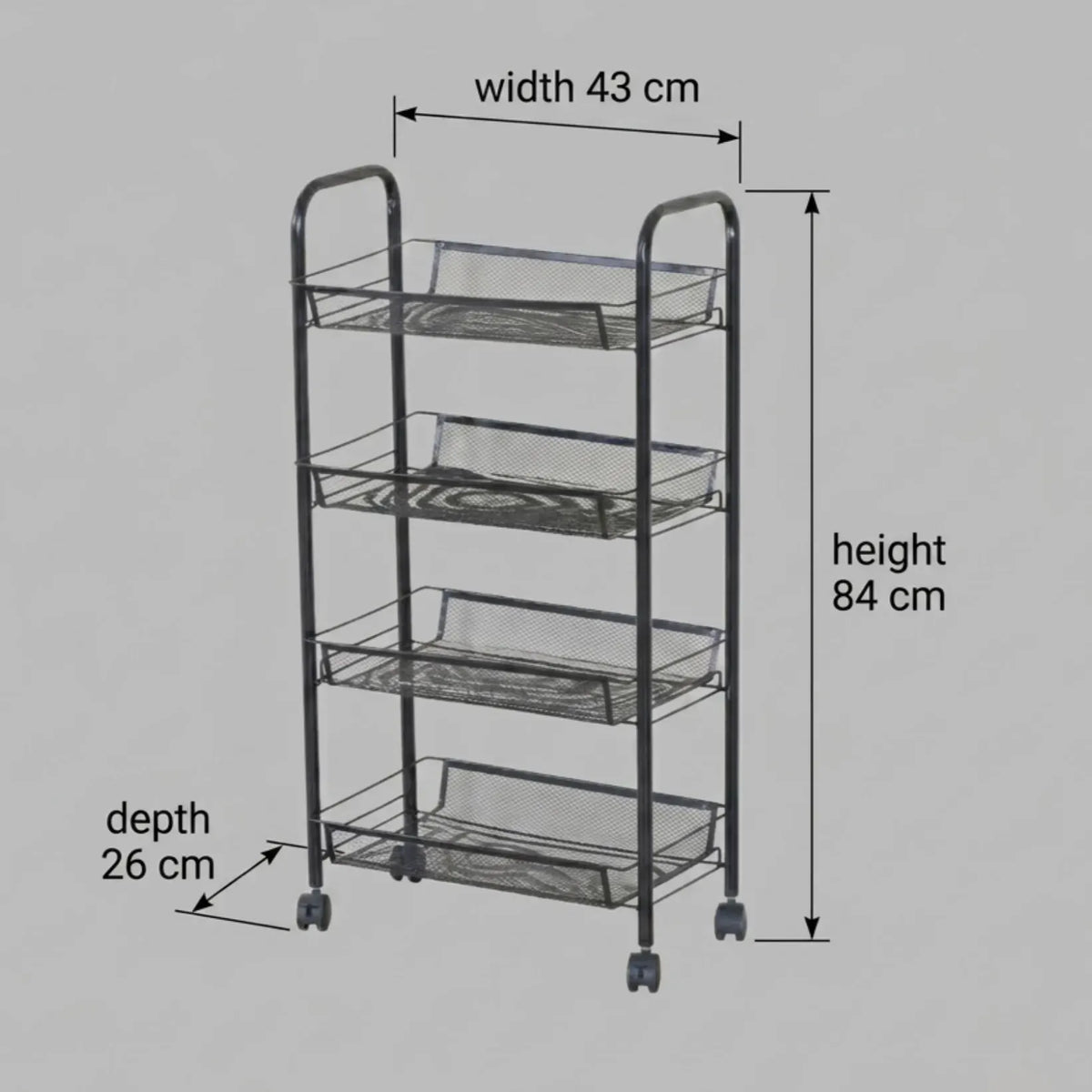 CARLA HOME 4 Tier Rolling Kitchen Trolley Cart - Metal Mesh - Black - Basic - Steel