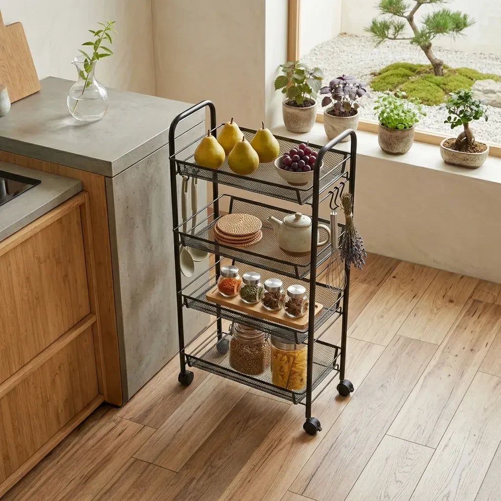CARLA HOME 4 Tier Rolling Kitchen Trolley Cart - Metal Mesh - Black - Basic - Steel