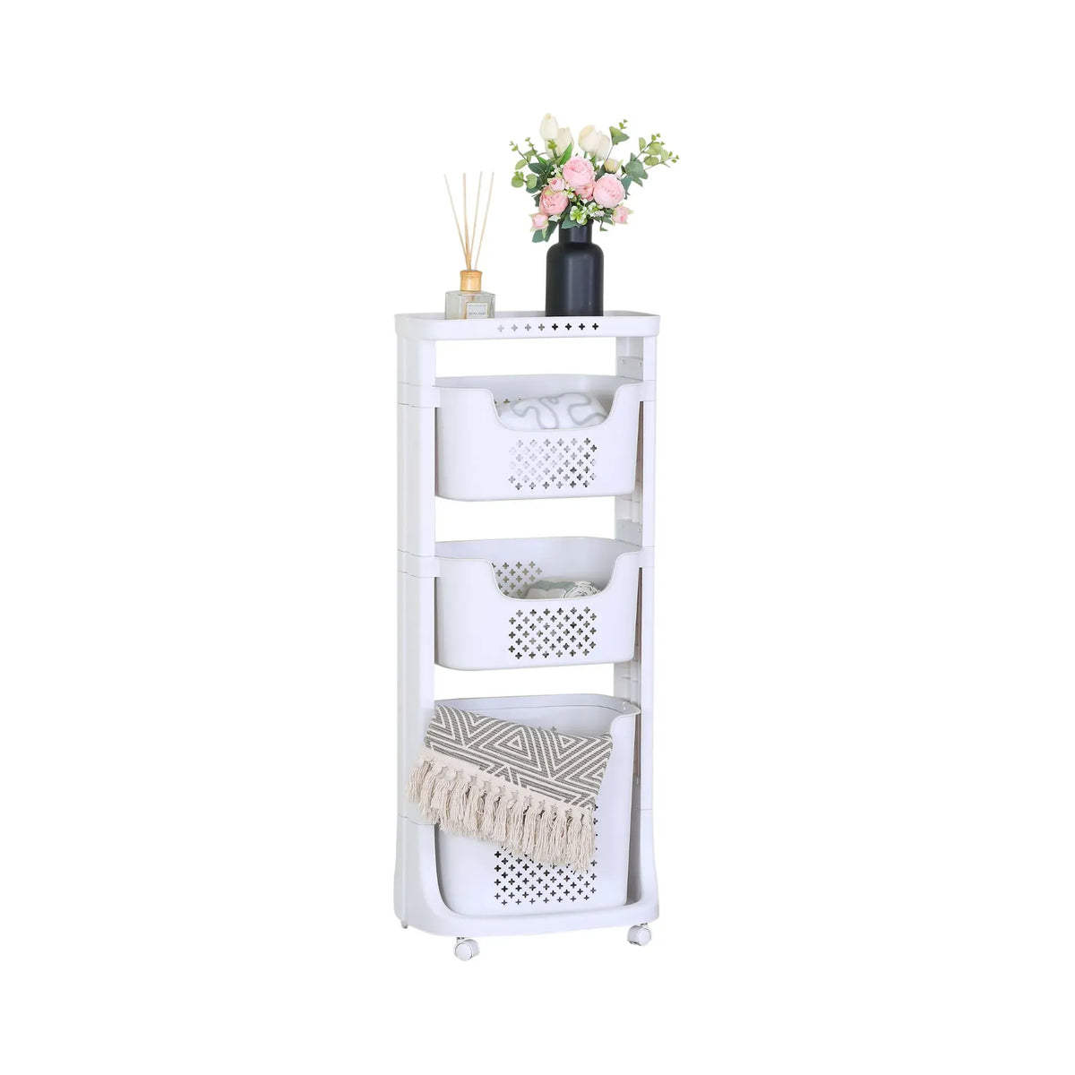 CARLA HOME 3 Tier Rolling Laundry Basket - White with Wheels - Basic - Plastic - 3 - tier Rolling Laundry