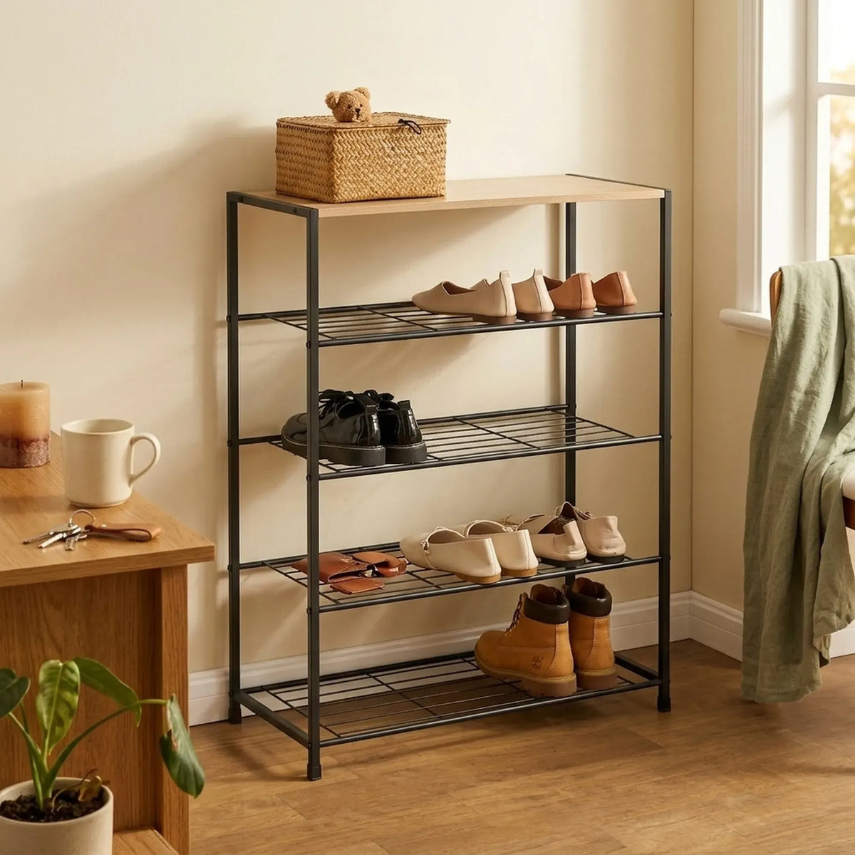 CARLA HOME 5 Tier Shoe Rack - Metal Mesh Organiser - Rustic Brown - Steel - Metal Mesh Shelves