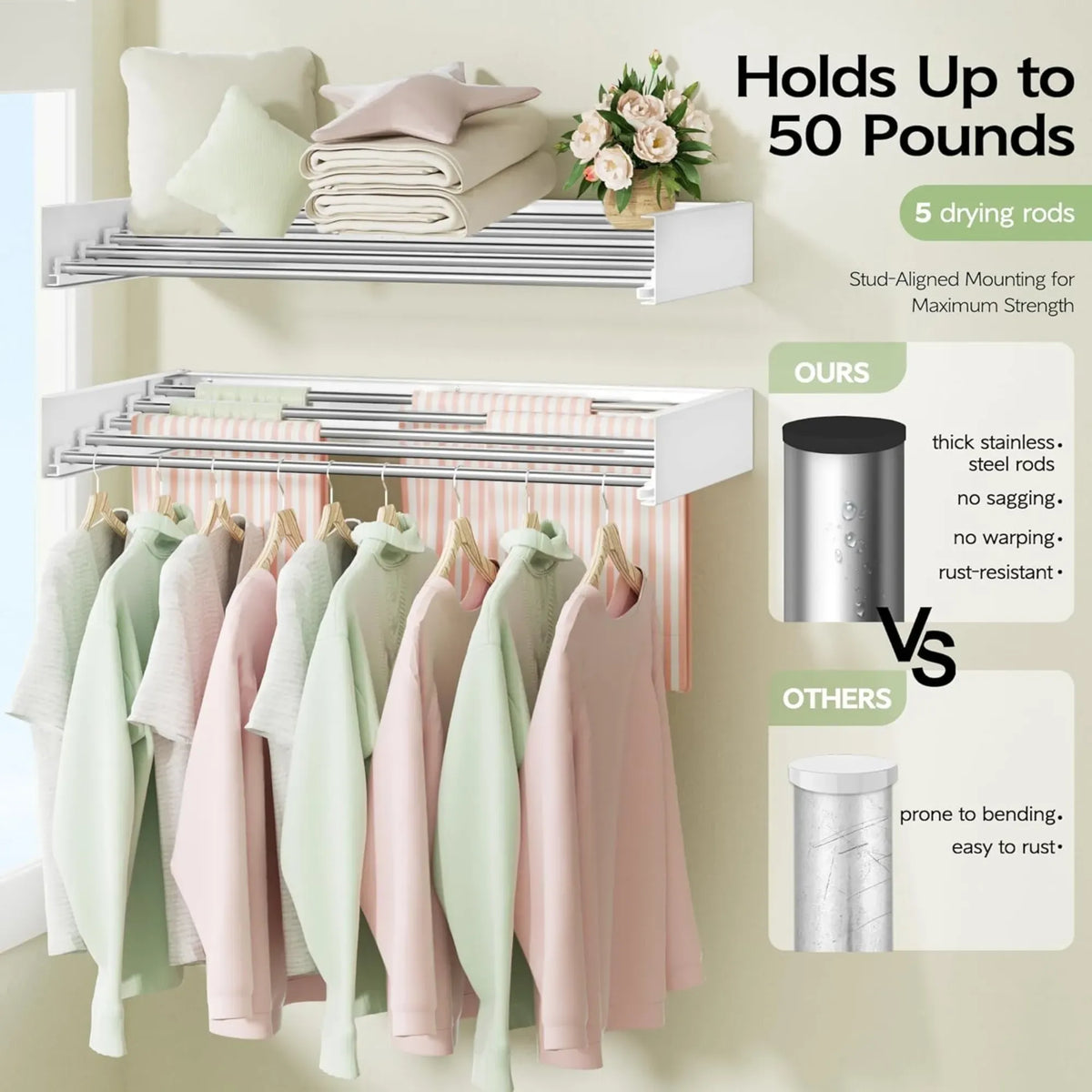 CARLA HOME Wall Mounted Clothes Drying Rack - Foldable - Balcony Folding Clothes - White