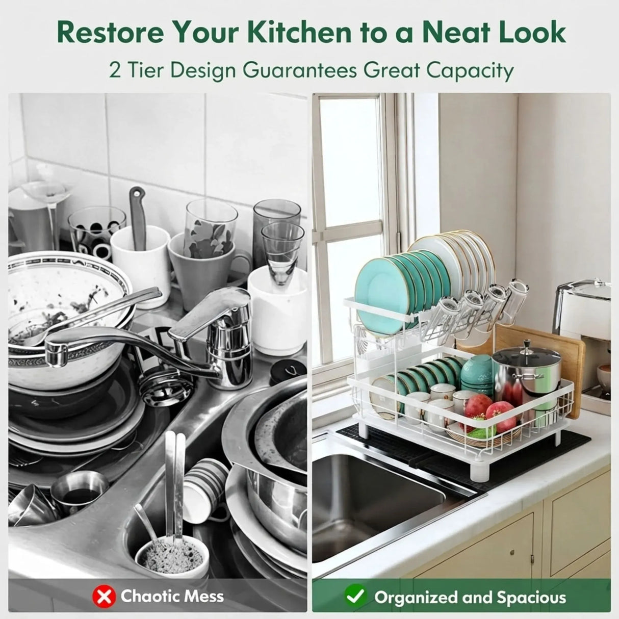 CARLA HOME 2 tier Dish Drying Rack with Drainboard & Utensil Holder for Kitchen (White)
