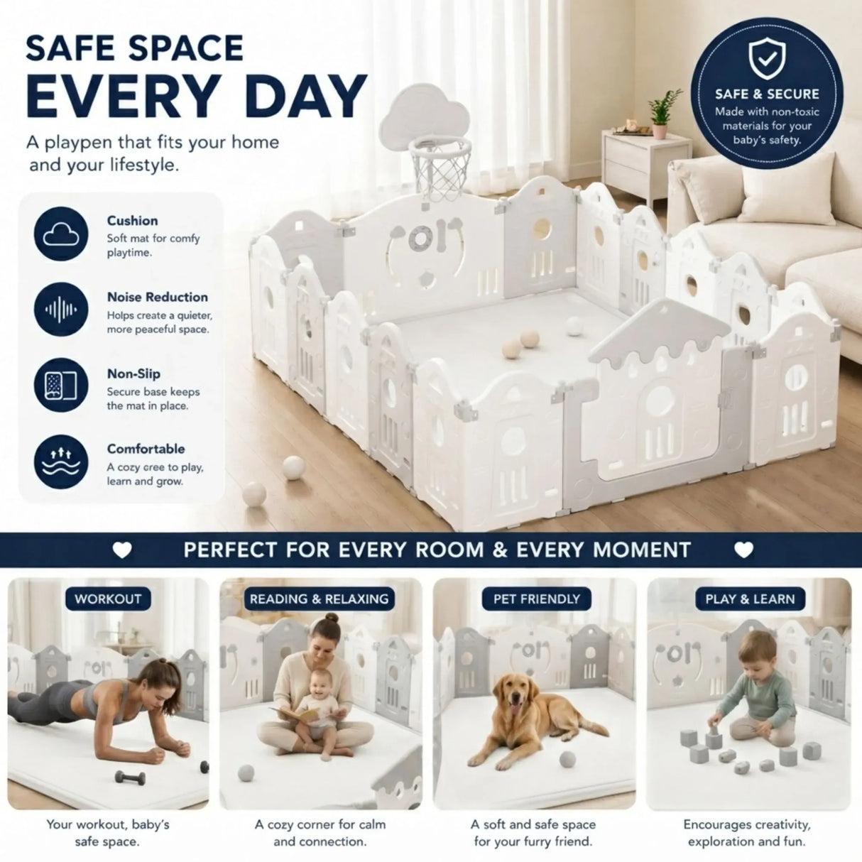 CARLA HOME Baby Play Mat 100x150cm, Thick Foam Crawling Mat, Infants, White
