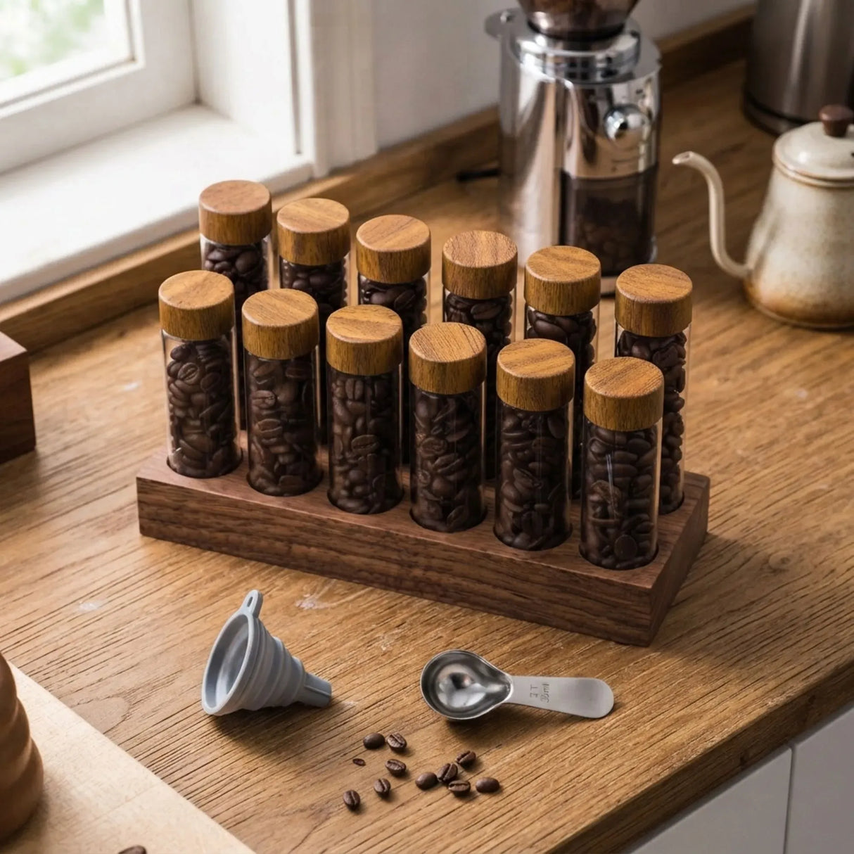 CARLA HOME Glass Coffee Bean Storage Tubes, 12 Pack Wooden Stand (60ml 20g)