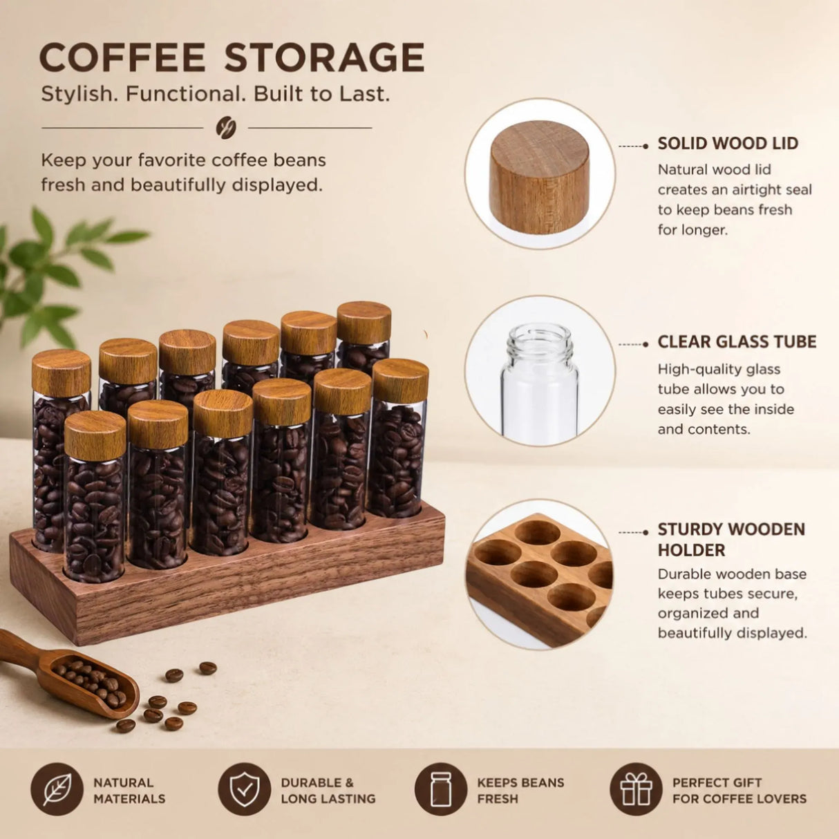 CARLA HOME Glass Coffee Bean Storage Tubes, 12 Pack Wooden Stand (60ml 20g)
