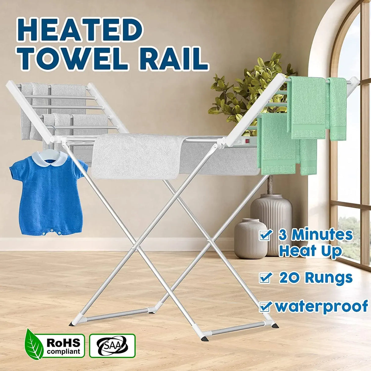 White 220W Electric Heated Towel Rack in Silver with 20 Bars for Fast Drying