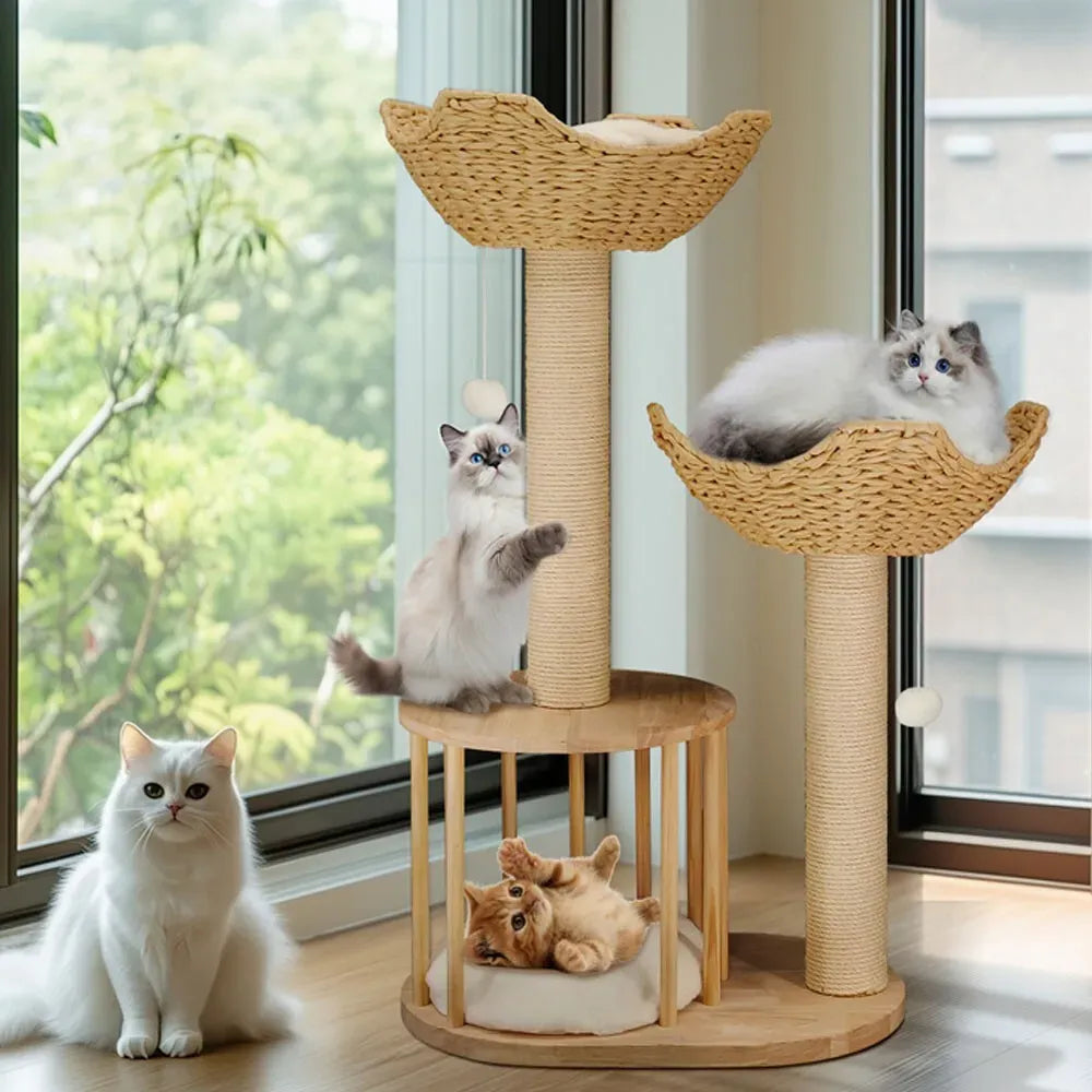 Large Cat Scratching Post Tree Tower with Baskets and Cubby Cave in Natural Wood & White, 60x40x99cm