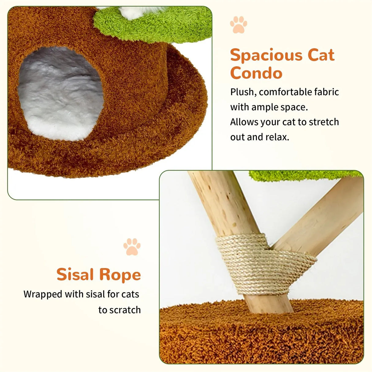 Large Multi-Level Cat Tree Tower in Green & Brown with Plush and Wood Design, 61x148cm