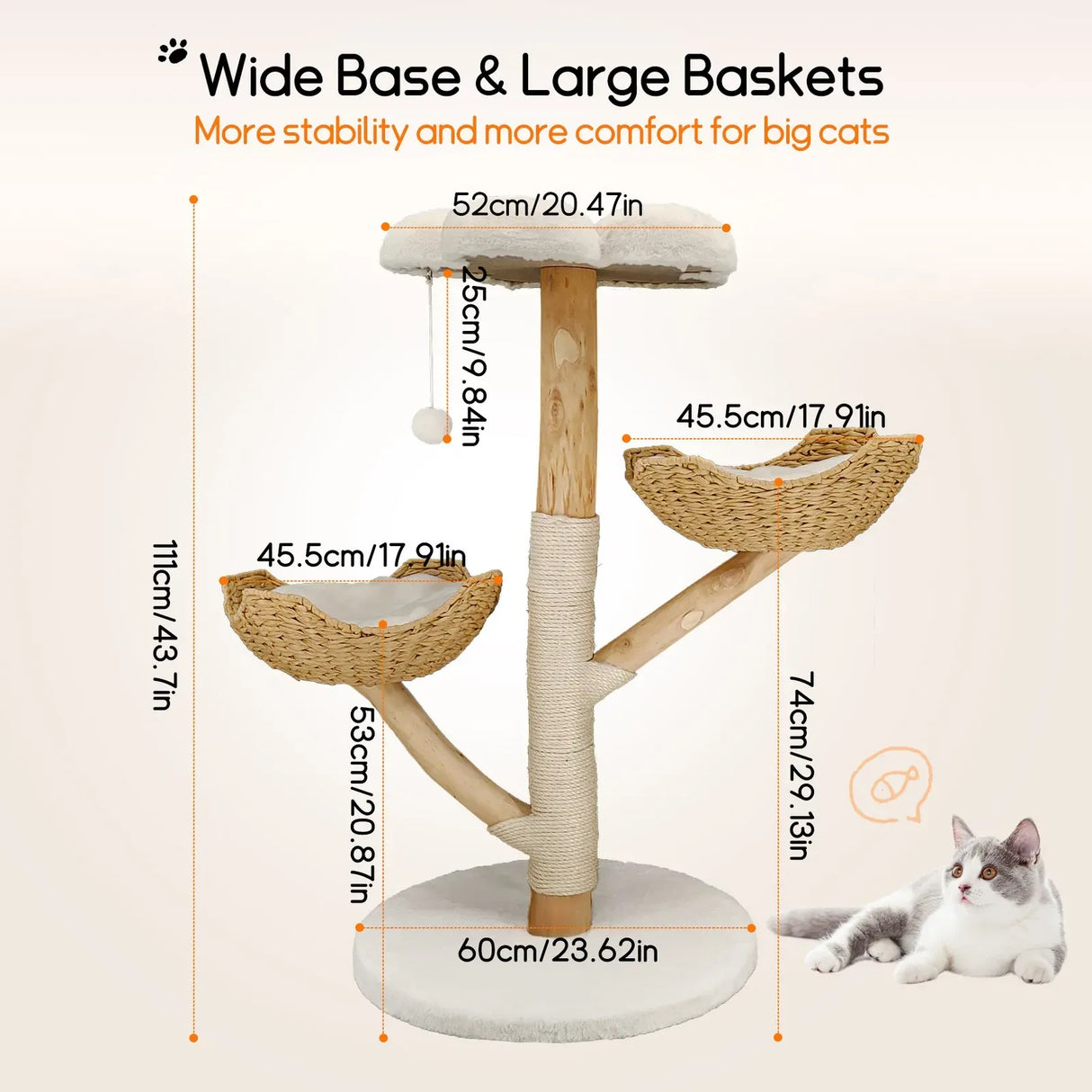 Extra Large Black Cat Tree Tower with Real Wood and Wicker Basket, 60x111cm