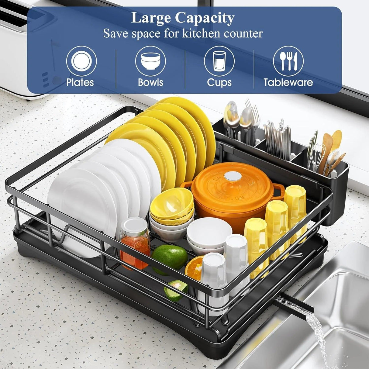 Large Dish Drying Rack with Drainboard Black