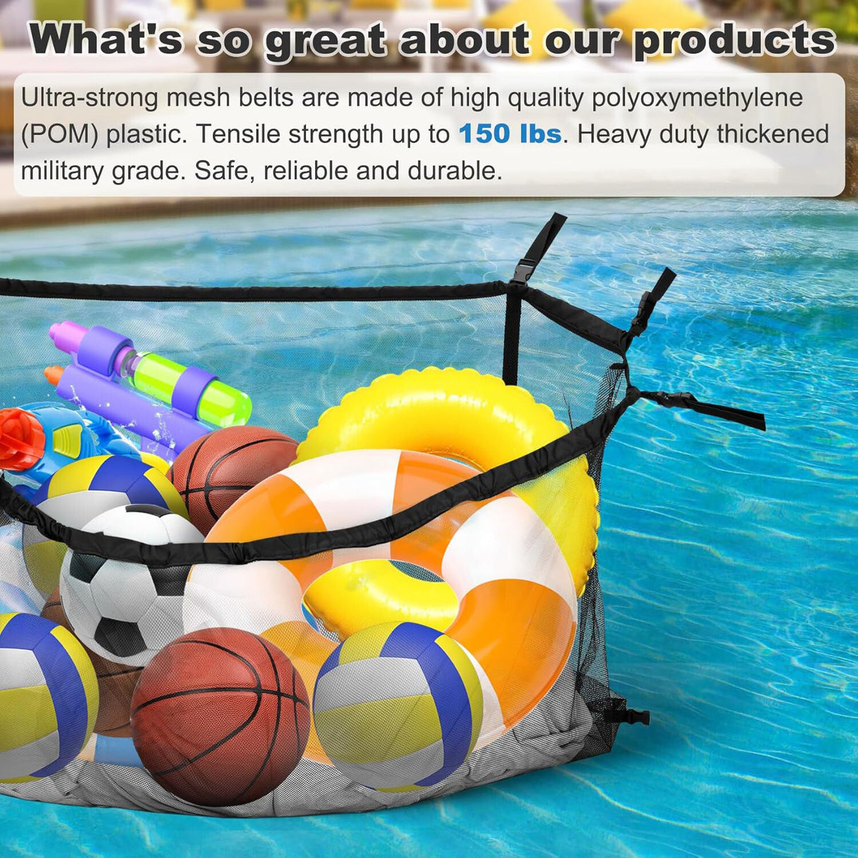 145x145CM Heavy Duty Pool Toy Storage Net Bag Adjustable Organizer