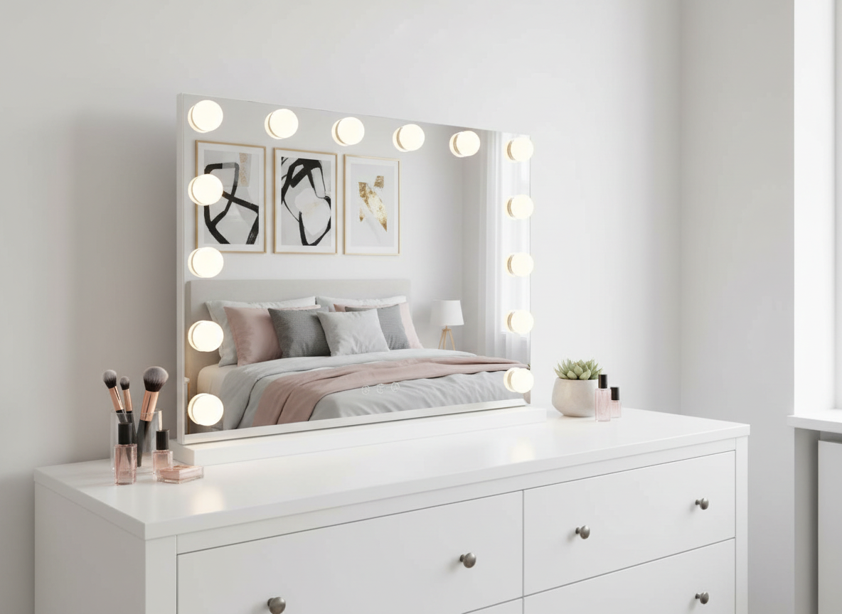 LED Beauty Mirror with 14 Bulbs, Colour Settings, USB A and USB C, White, 50 ร 42cm