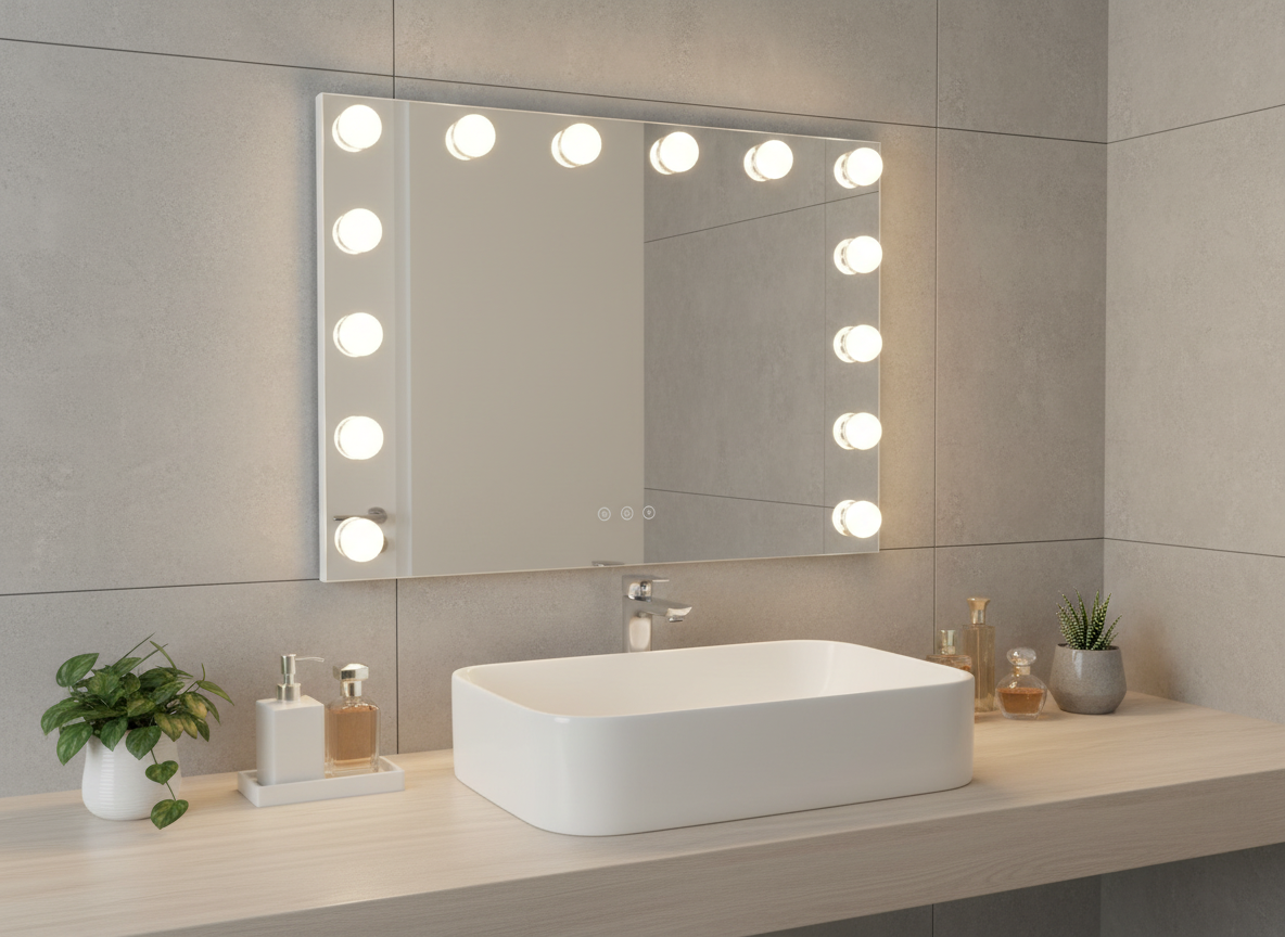 LED Beauty Mirror with 14 Bulbs, Colour Settings, USB A and USB C, White, 50 ร 42cm
