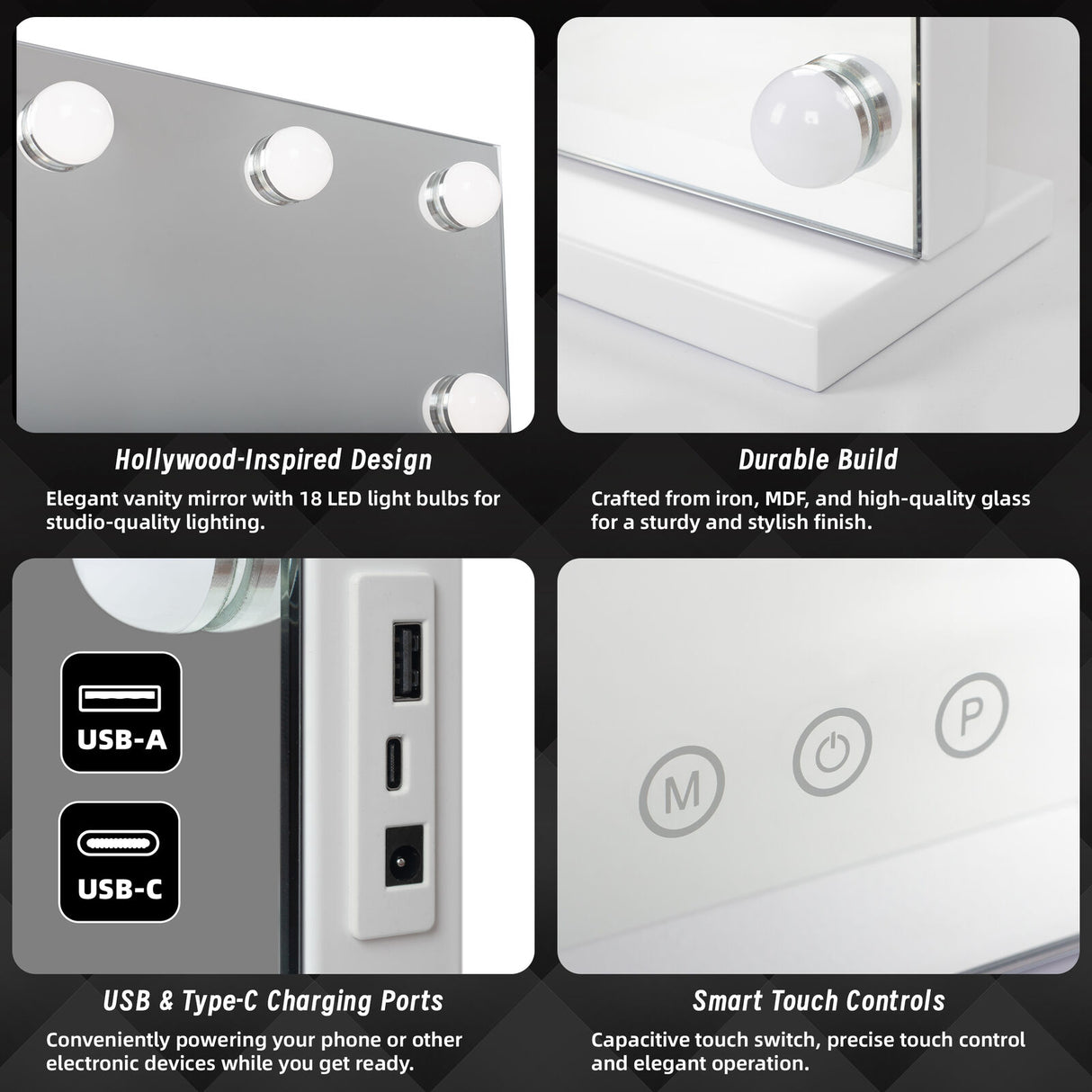 Beauty Mirror with 18 LED Bulbs, Colour Settings, White Frame,  and USB A and C Ports