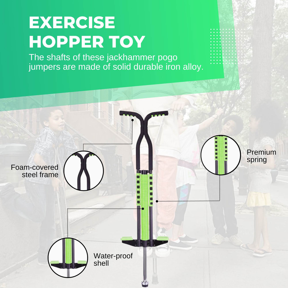 Social Hike Green Pogo Stick - Kids Jumping Jackhammer Exercise Hopper