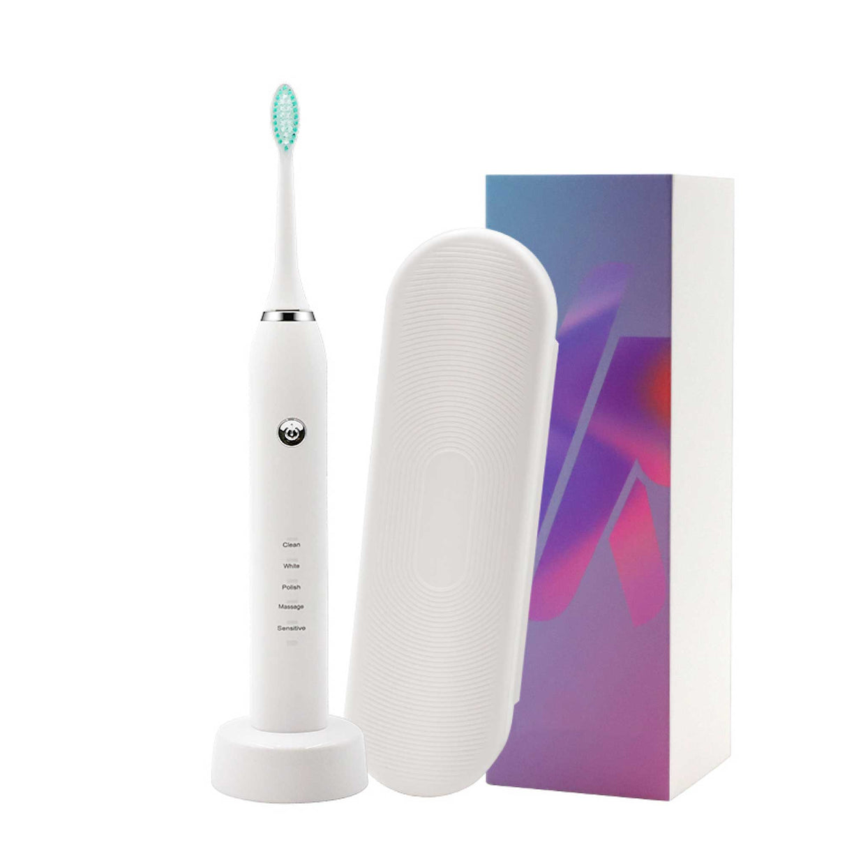 Sonic Electric Toothbrush White - Waterproof USB Charging 5 Modes 2 Heads + Case