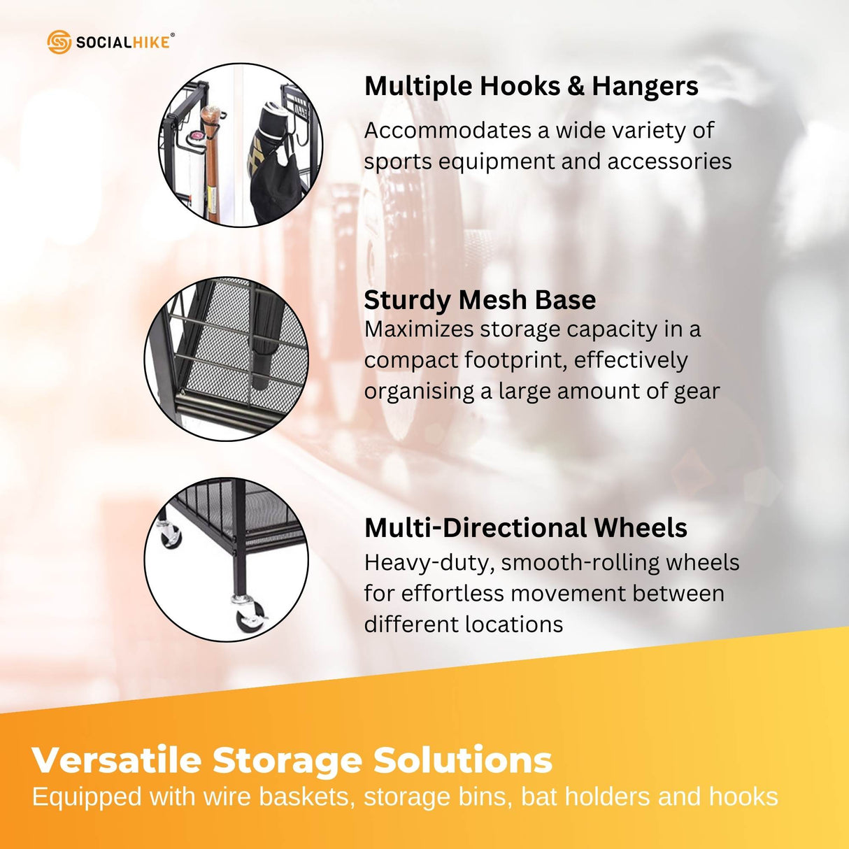Social Hike Sports Equipment Storage Organiser Trolley on Wheels - Garage Basket