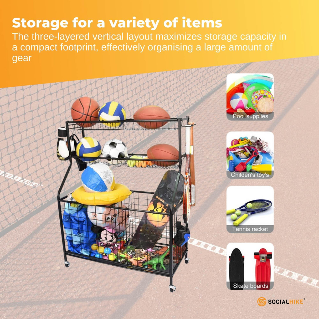 Social Hike Sports Equipment Storage Organiser Trolley on Wheels - Garage Basket