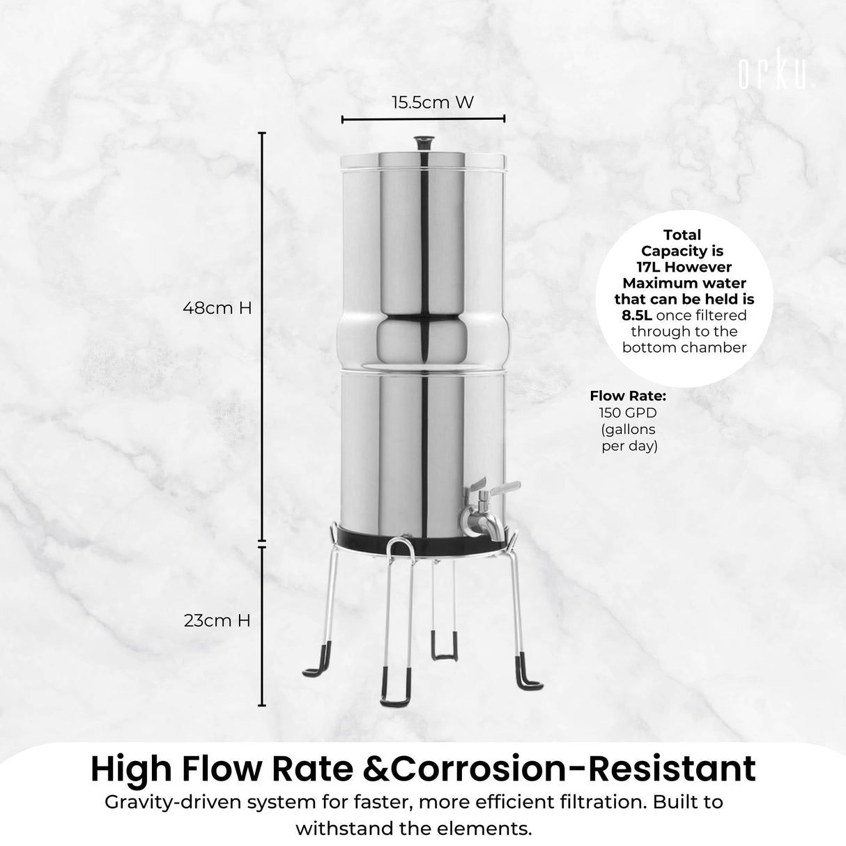 Orku 8.5L Gravity Benchtop Water Filter - Stainless Steel Fluoride Removal