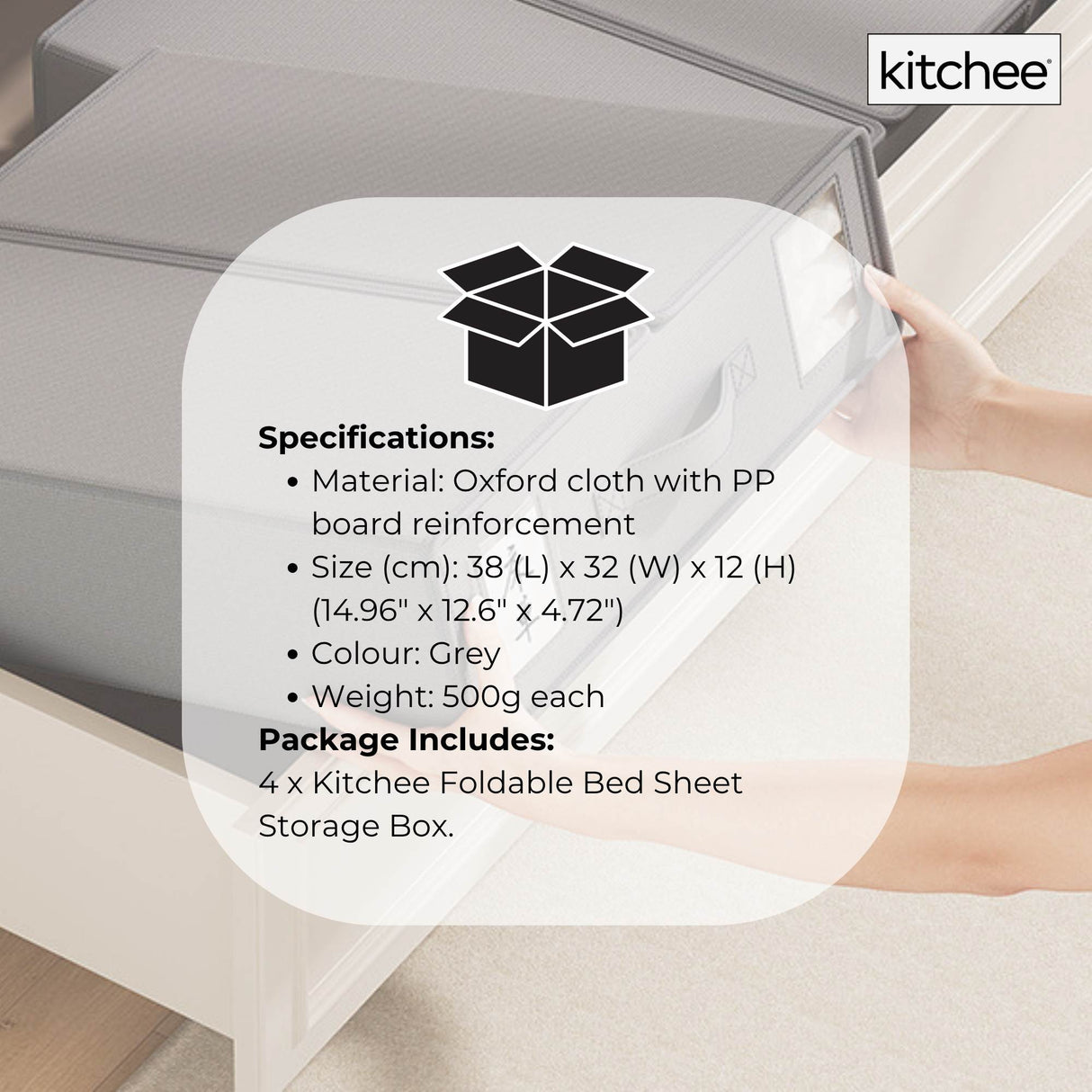 4x Kitchee Foldable Bed Sheet Storage Box – Linen & Closet Organiser Grey