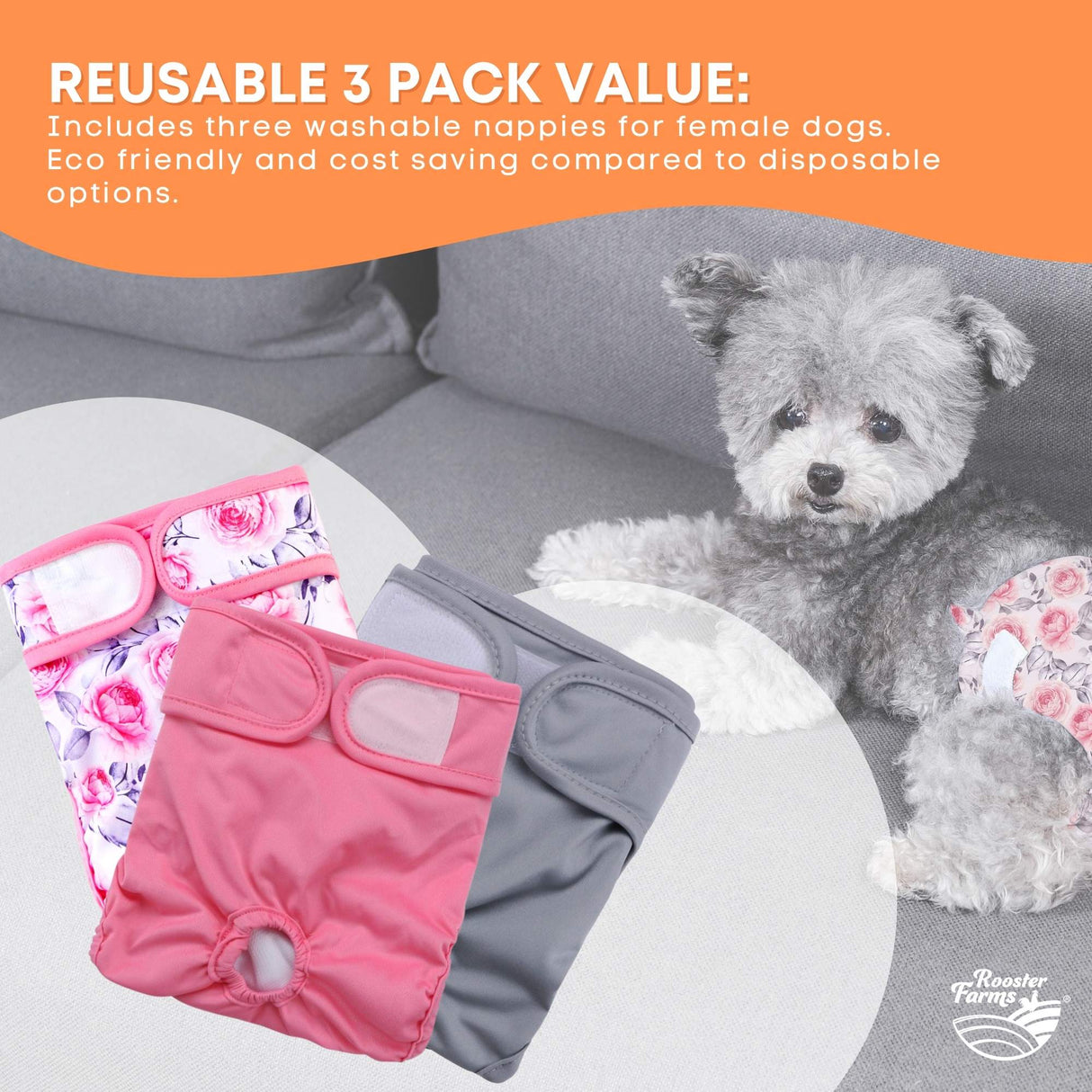 Rooster Farms Female Dog Diapers XSmall 3Pk - Washable Reusable Nappy Hook/Loop