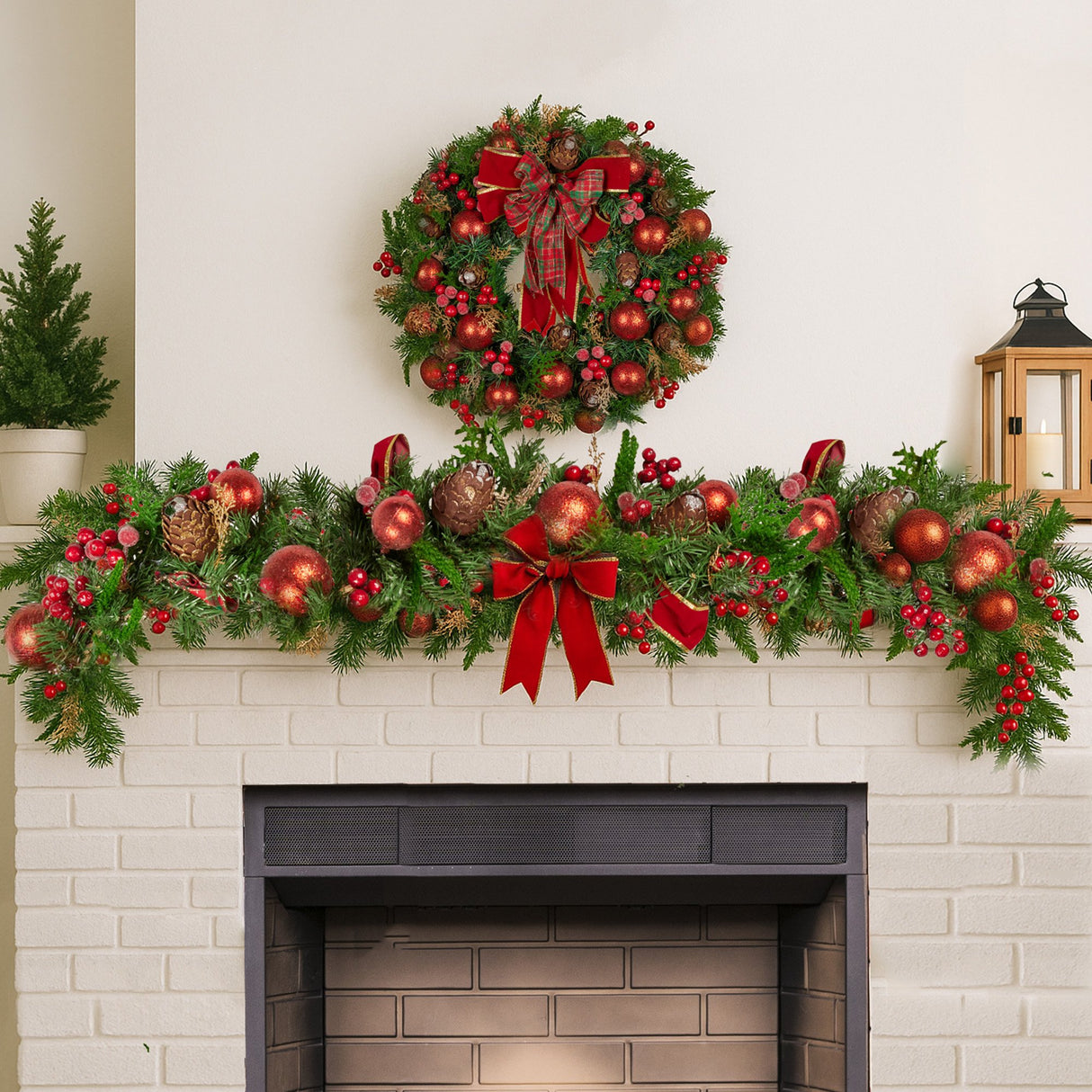 Christabelle 185cm Christmas Garland Lush Green Holiday Garland with Red Berries, Baubles & Pine Cones Pre-Decorated Festive Shelf or Banister Decoration