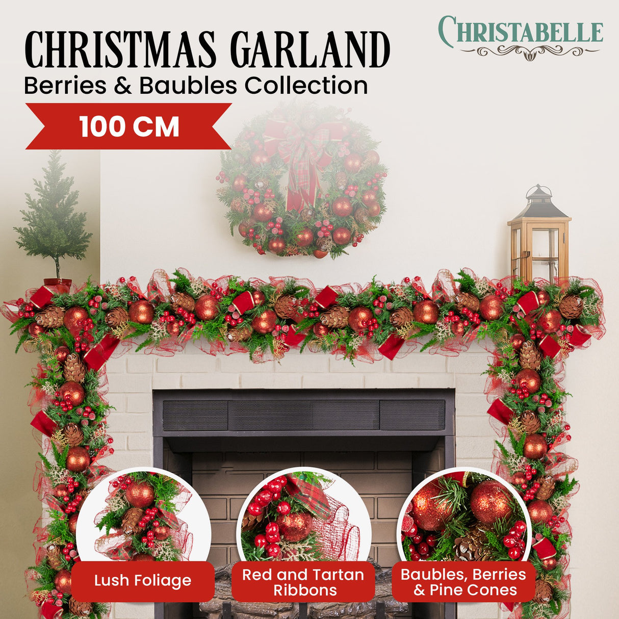 Christabelle 100cm Christmas Garland Lush Green Holiday Garland w/ Red Berries, Baubles & Pine Cones Pre-Decorated Festive Shelf or Banister Decoration