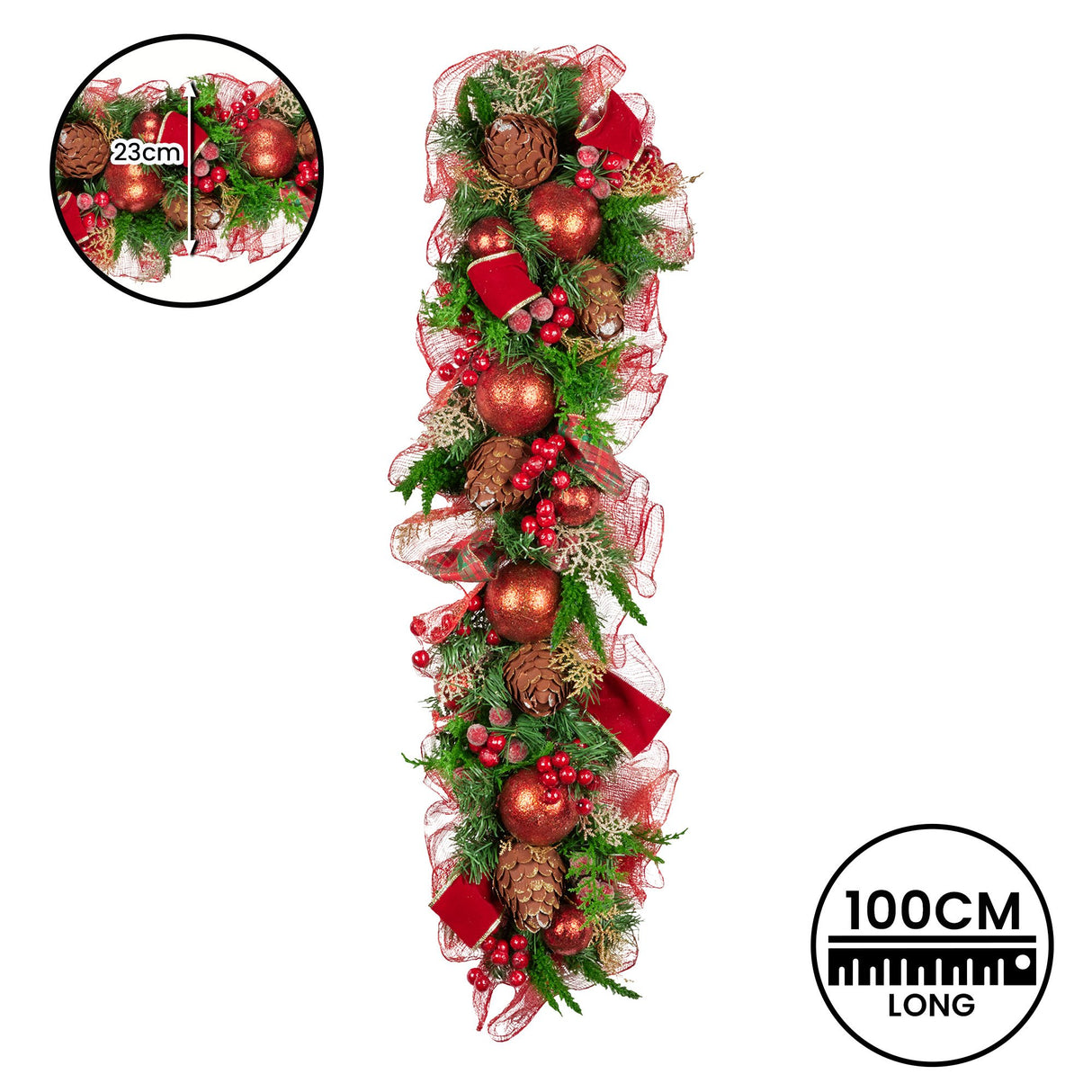 Christabelle 100cm Christmas Garland Lush Green Holiday Garland w/ Red Berries, Baubles & Pine Cones Pre-Decorated Festive Shelf or Banister Decoration