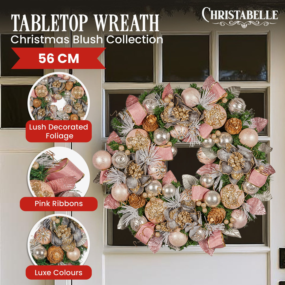 Christabelle 56cm Christmas Wreath Lush Green Holiday Door Wreath w/Jewelled Baubles, Foliage, Flowers, Pine Cones, Ribb