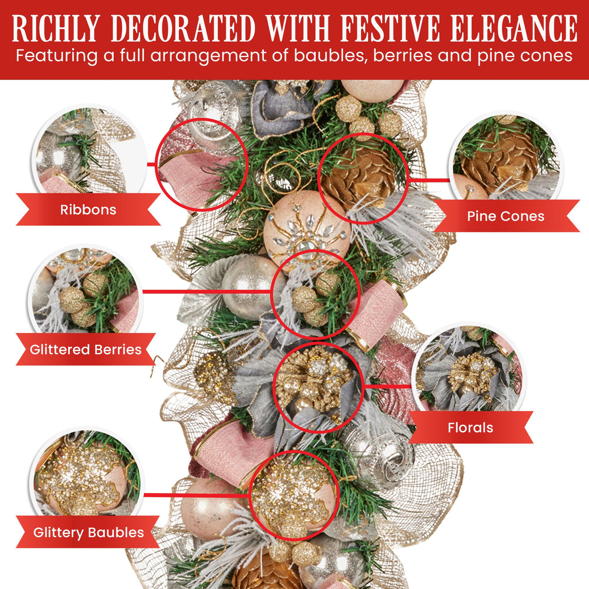 Christabelle 100cm Christmas Garland Lush Green Holiday Door Garland w/Jewelled Baubles & Berries Pre Decorated Festive