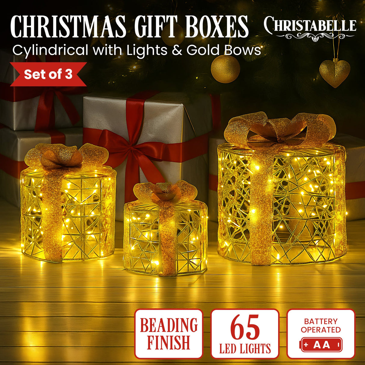 Christabelle Set of 3 Battery Operated Golden Cylindrical Christmas Gift Boxes w/Warm LED Lights Indoor Holiday Present