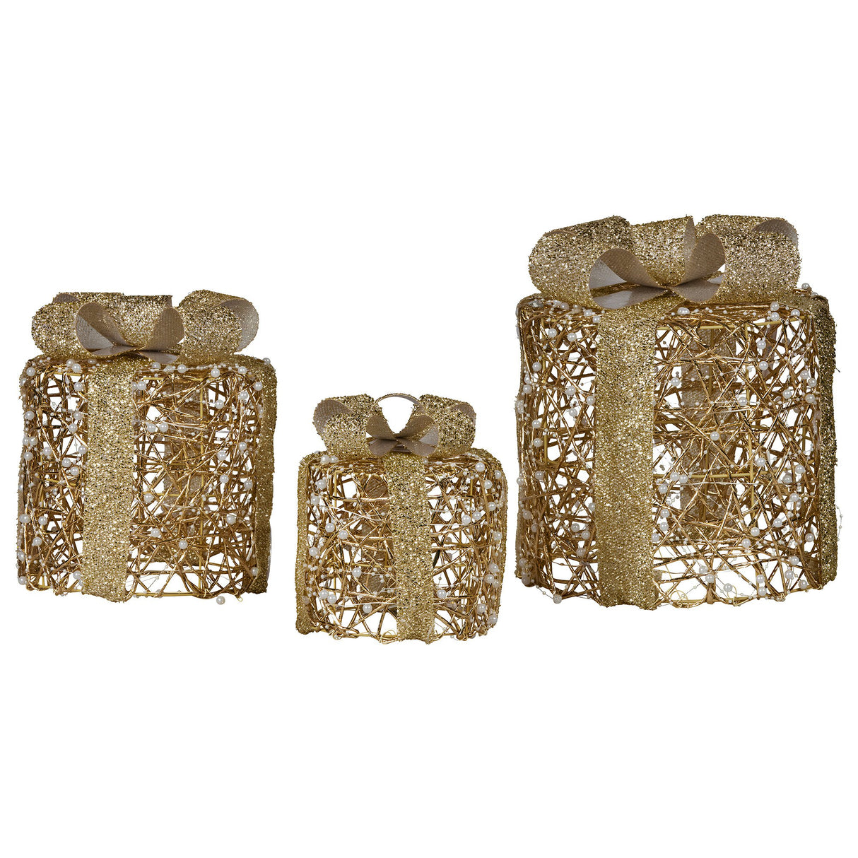 Christabelle Set of 3 Battery Operated Golden Cylindrical Christmas Gift Boxes w/Warm LED Lights Indoor Holiday Present