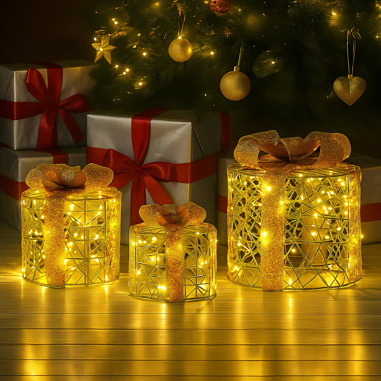 Christabelle Set of 3 Battery Operated Golden Cylindrical Christmas Gift Boxes w/Warm LED Lights Indoor Holiday Present