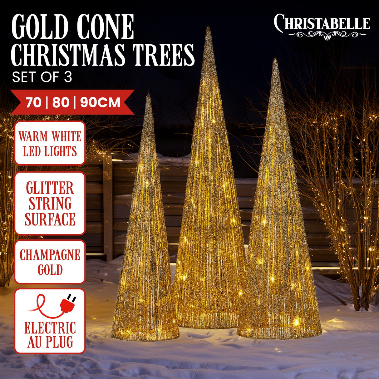 Christabelle Pre-lit Gold Cone Christmas Trees Set Of 3 Warm White Led Lights