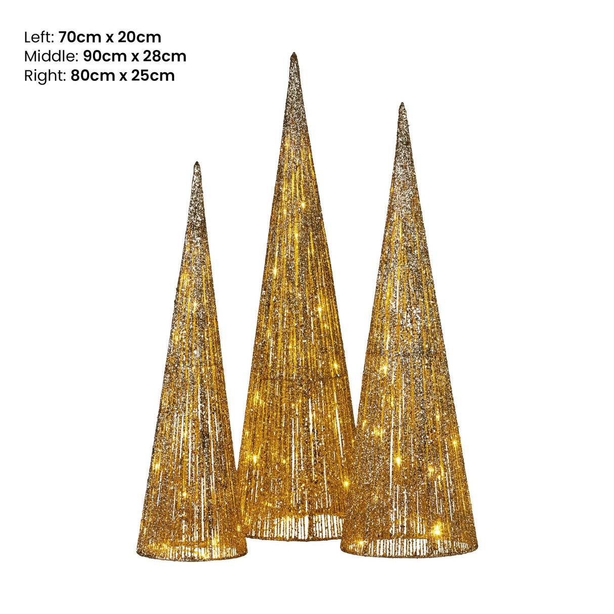 Christabelle Pre-lit Gold Cone Christmas Trees Set Of 3 Warm White Led Lights