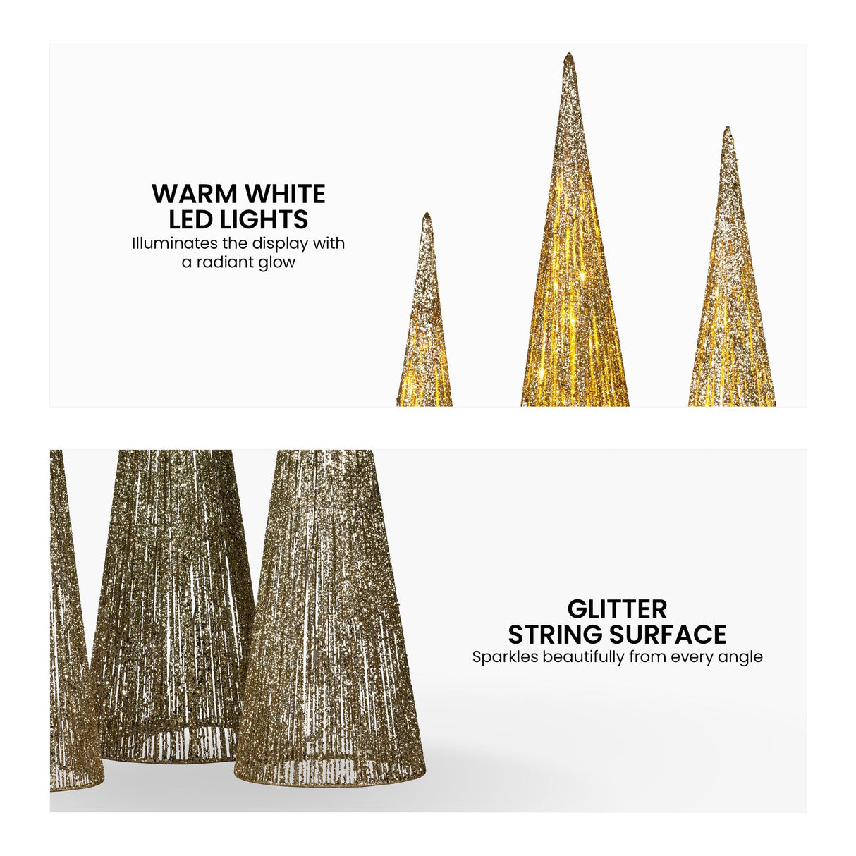 Christabelle Pre-lit Gold Cone Christmas Trees Set Of 3 Warm White Led Lights