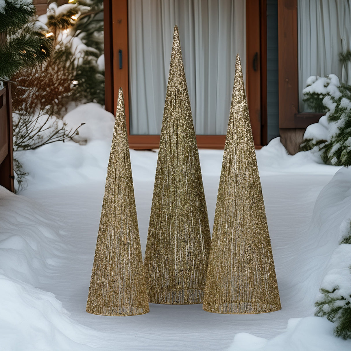 Christabelle Pre-lit Gold Cone Christmas Trees Set Of 3 Warm White Led Lights