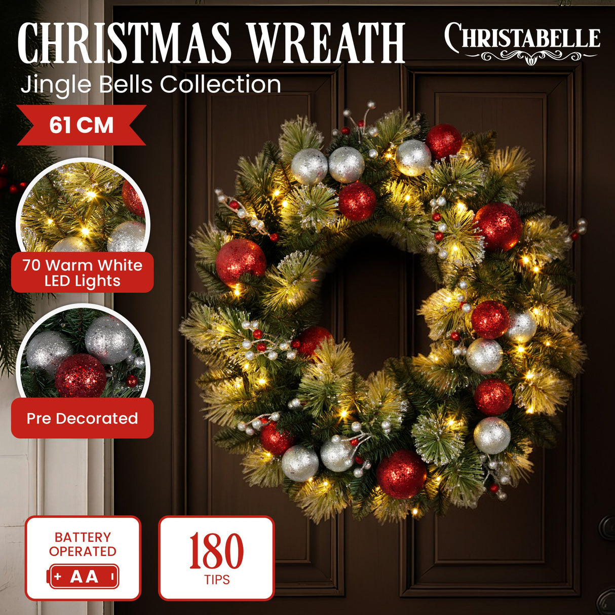 Christabelle 61cm Pre-lit Christmas Wreath Jingle Bells Battery-operated Baubles