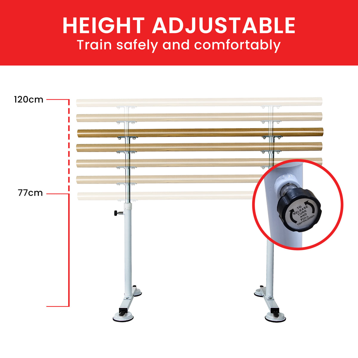 Freestanding ballet barre, 1.5m, height adjustable.