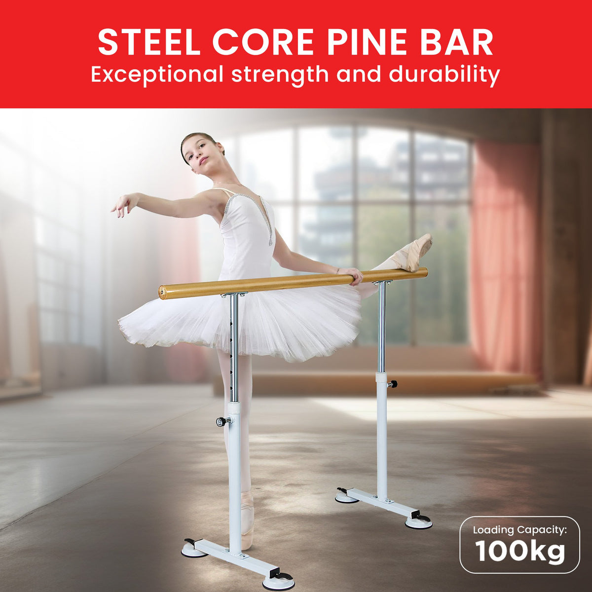 Freestanding ballet barre, 1.5m, height adjustable.