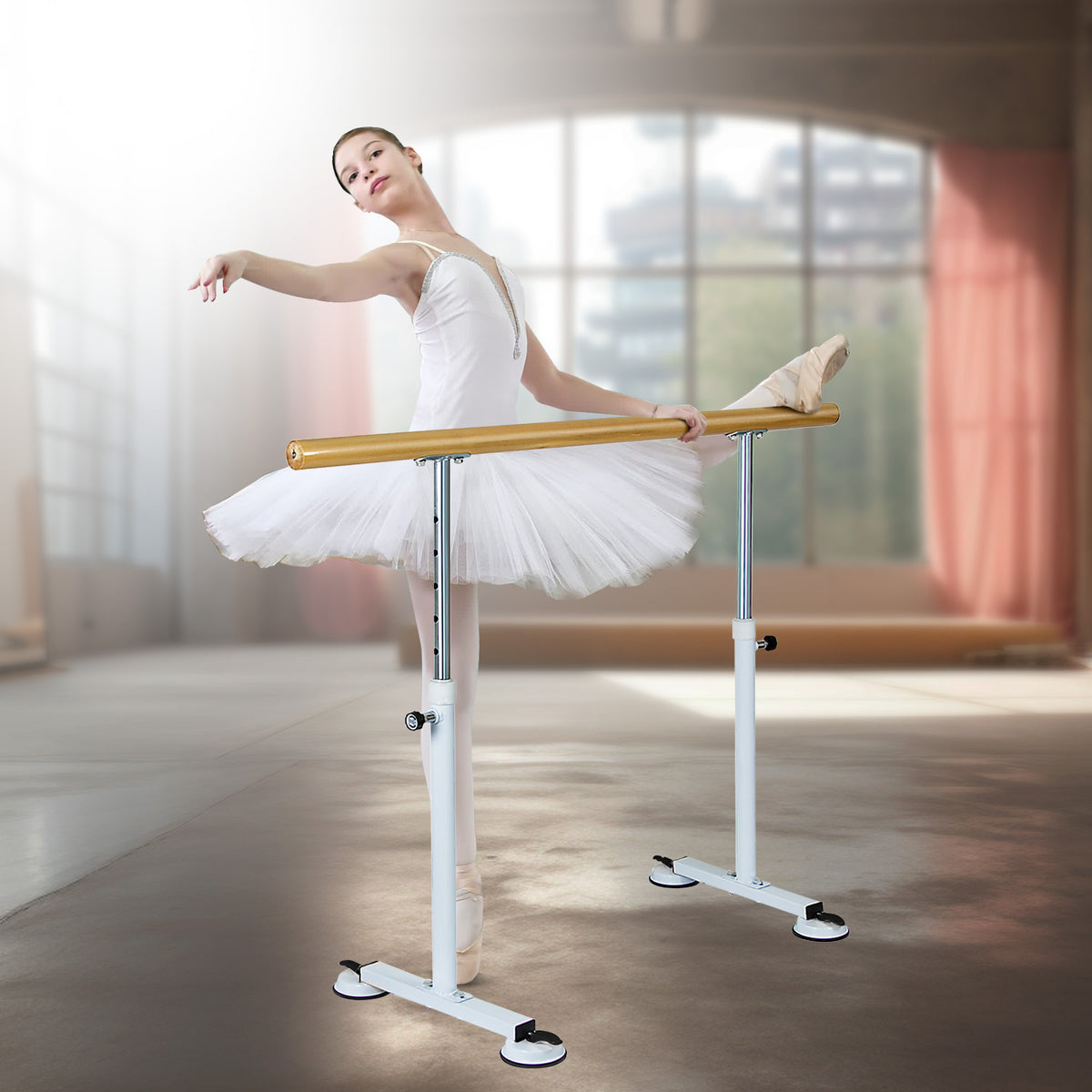 Freestanding ballet barre, 1.5m, height adjustable.