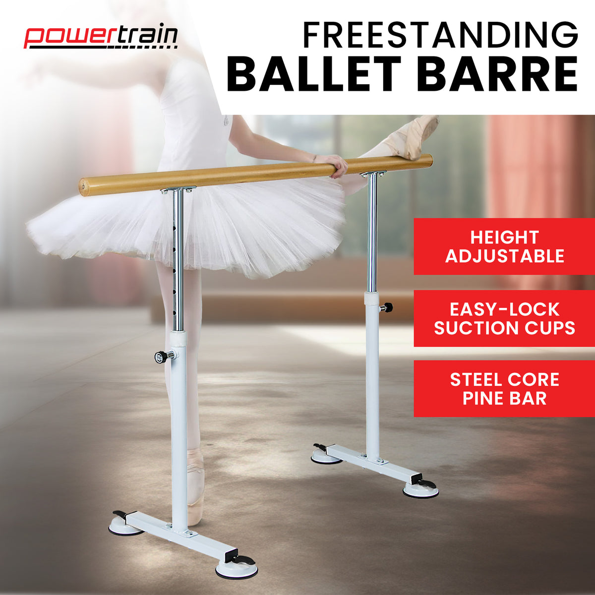 Freestanding ballet barre, 1.5m, height adjustable.