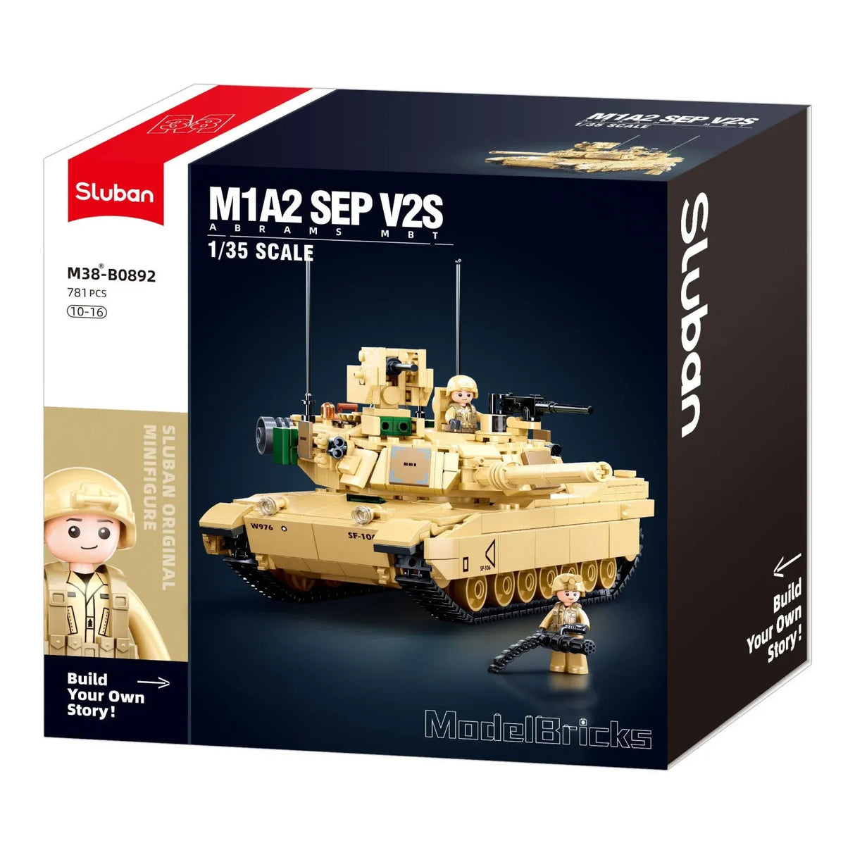 Sluban B0892 Model Kit M1A2 Abrams Main Battle Tank US Army Desert Armor Vehicle Military Building Blocks DIY Set Toy