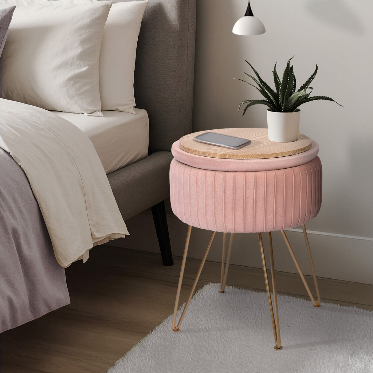 Side Table Storage Ottoman - Velvet Padded Stool Vanity Footstool REMY PINK