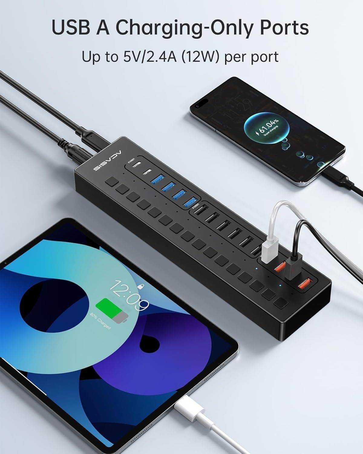 Acasis DS-516PB 16-Port USB 3.2 Gen1 5Gbps 60W + On-Off Switch 4xUSB3.2 5Gbps, 10xUSB-A2.0, 2xUSB-C. 1xDC for Power.